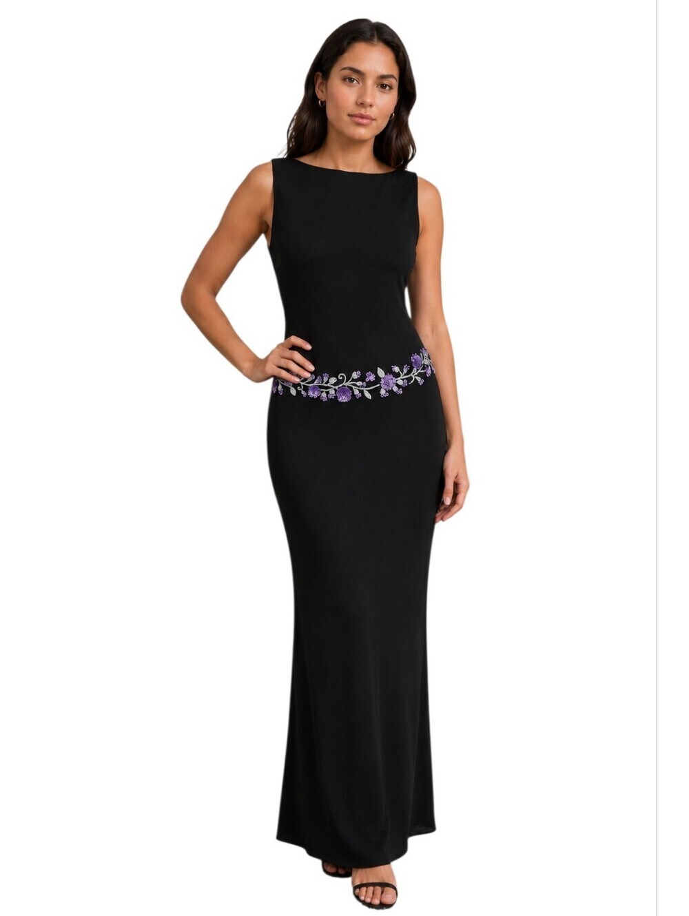 Vintage Rimini Black Embellished Open Back  Purple Sequin Floral Maxi Dress. 2P